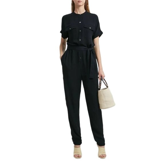 Theory Black 100% Silk Cargo Shirt Jumpsuit Size 6 Short Sleeve Tapered - Picture 2 of 7